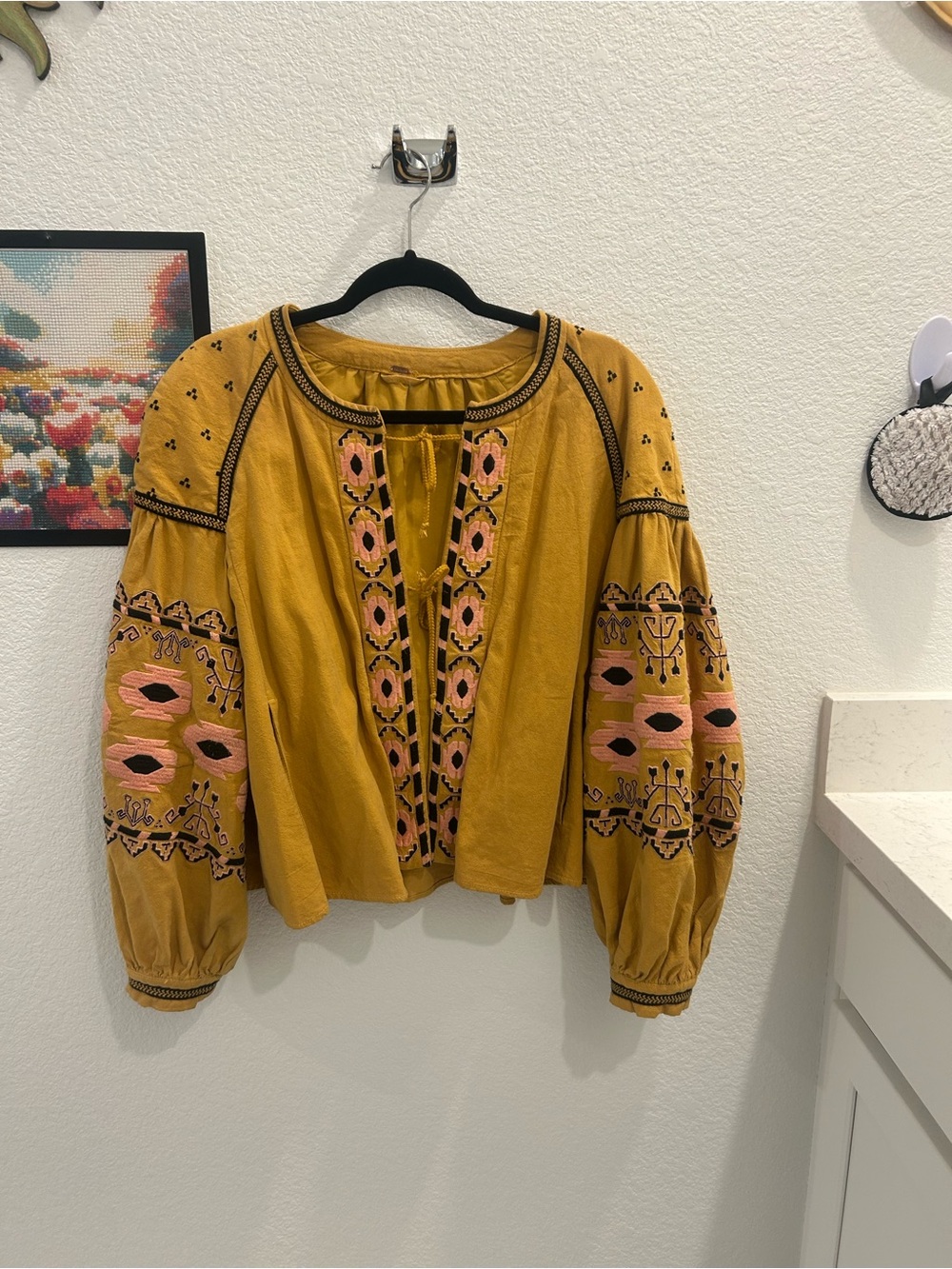 Free People Boho Mustard Embroidered Boho Jacket with Pink and Black Accents. L